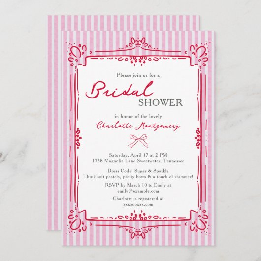 Elegant Glam Frame & Pink Stripes Bridal Shower Kaart (Voorkant / Achterkant)