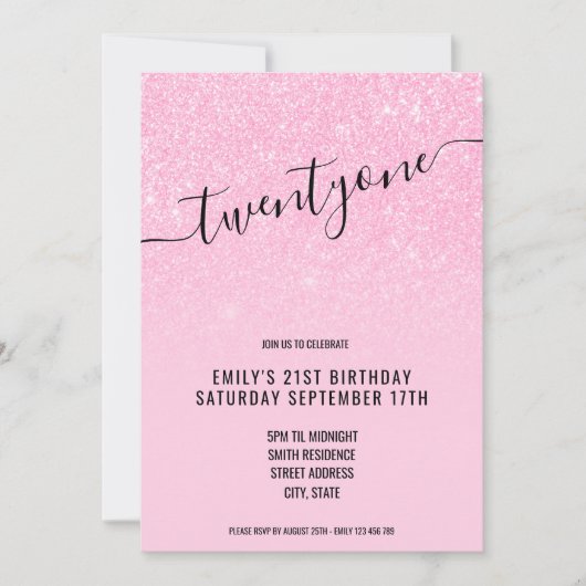 Elegant Glam Glitter Pink 21st Birthday Kaart (Voorkant)