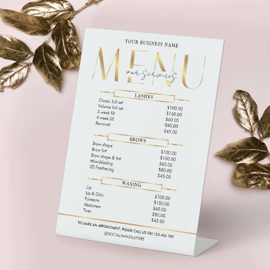 Elegant Glam Gold Effect Zakelijke prijslijst Menu Reclamebord Met Voetstuk