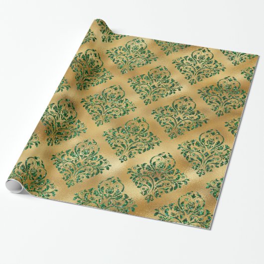 Elegant Glam Gold Green Glitter Sparkle Damask Cadeaupapier (Uitgerold)