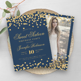 Elegant Glam Gold Navy Confetti foto Sweet 16 Kaart