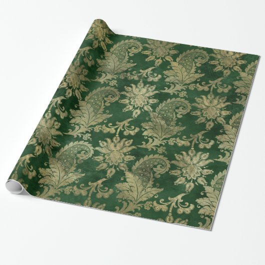 Elegant  Glam Green Gold Paisley Patroon Cadeaupapier (Uitgerold)