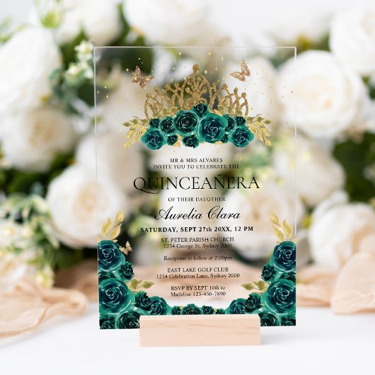 Elegant Glam Groen Bloemen Goud Tiara Quinceanera Acryl Uitnodigingen