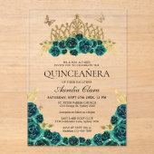 Elegant Glam Groen Bloemen Goud Tiara Quinceanera Acryl Uitnodigingen (Voorkant)