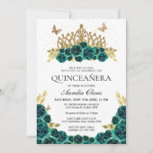 Elegant Glam Groen Bloemen Goud Tiara Quinceanera Kaart (Voorkant)