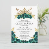 Elegant Glam Groen Bloemen Goud Tiara Quinceanera Kaart (Staand voorkant)