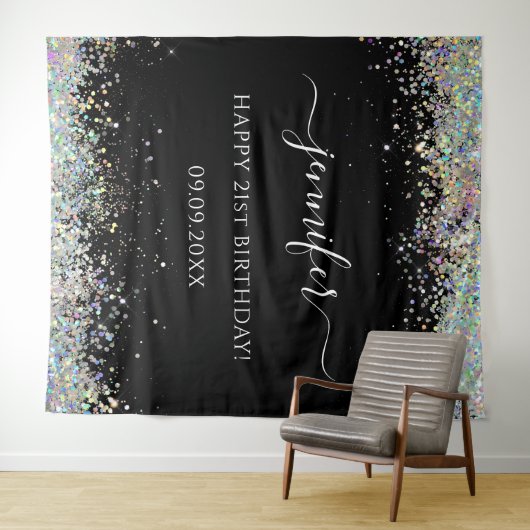 Elegant Glam Holographic Glitter Birthday Black Wandkleed (In Situ (horizontaal))