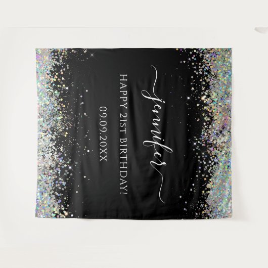 Elegant Glam Holographic Glitter Birthday Black Wandkleed (Voorkant (horizontaal))