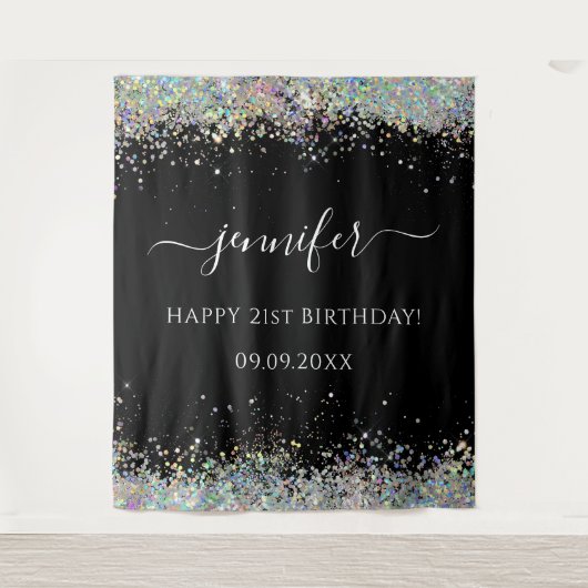 Elegant Glam Holographic Glitter Birthday Black Wandkleed (Voorkant)