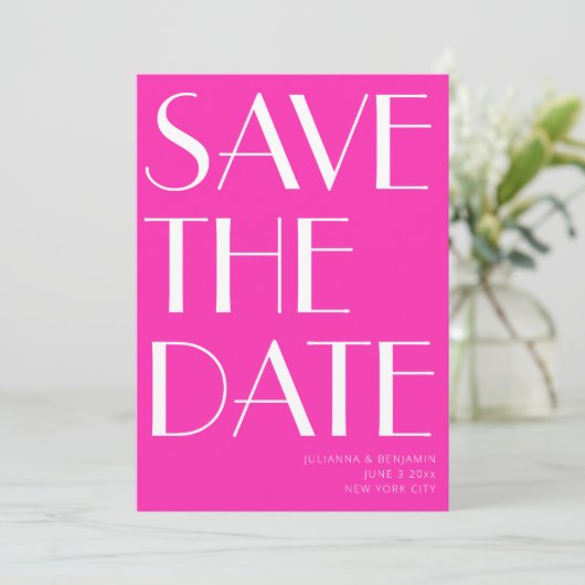 Elegant Glam Hot Pink Art Deco Foto Save The Date (Staand voorkant)