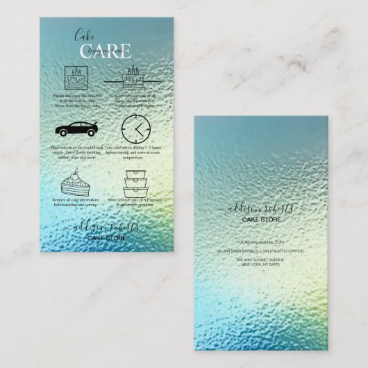 Elegant Glam Iridescent Holographic Cake Care Visitekaartje (Voorkant / Achterkant)