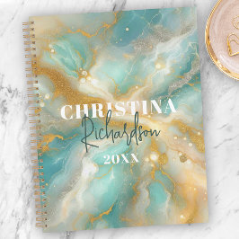 Elegant Glam Luxe Aquamarijn Marmer Goud Glitter Planner