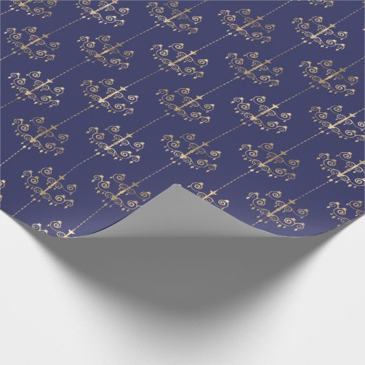 Elegant Glam Navy Blue Gold Pattern Cadeaupapier (Hoek)