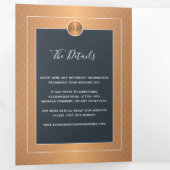 Elegant glam navy koper Gold bruiloft Drieluik Aankondiging (Binnenzijde eerst)