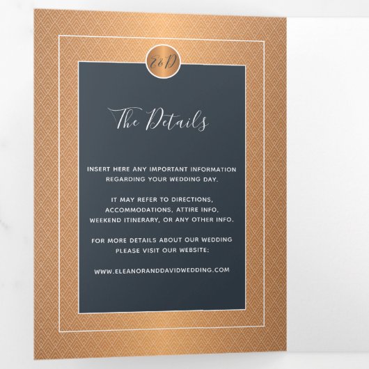 Elegant glam navy koper Gold bruiloft Drieluik Aankondiging (Binnenzijde eerst)