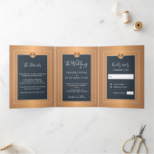 Elegant glam navy koper Gold bruiloft Drieluik Aankondiging (Binnen)
