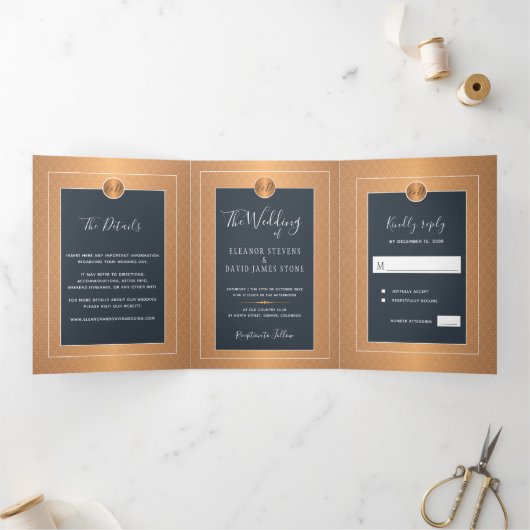Elegant glam navy koper Gold bruiloft Drieluik Aankondiging (Binnen)