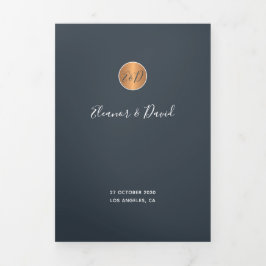 Elegant glam navy koper Gold bruiloft Drieluik Aankondiging