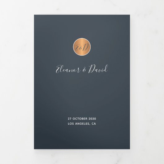 Elegant glam navy koper Gold bruiloft Drieluik Aankondiging (Cover)