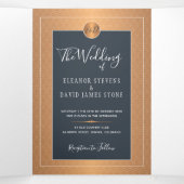 Elegant glam navy koper Gold bruiloft Drieluik Aankondiging (Binnenkant midden)