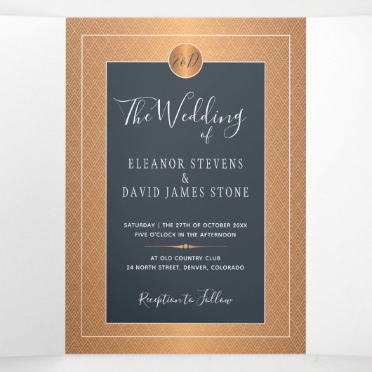 Elegant glam navy koper Gold bruiloft Drieluik Aankondiging (Binnenkant midden)