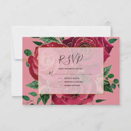 Elegant Glam Red Pink Gold Rozen Weddenschap RSVP Kaartje (Voorkant)