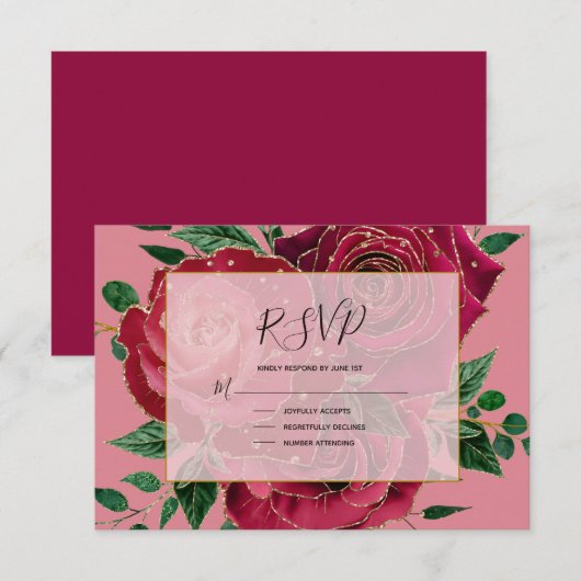 Elegant Glam Red Pink Gold Rozen Weddenschap RSVP Kaartje (Voorkant / Achterkant)