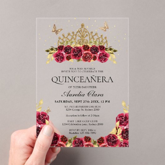 Elegant Glam Rood Bloemen Goud Tiara Quinceanera Acryl Uitnodigingen (Insitu (Draagbaar))