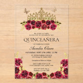 Elegant Glam Rood Bloemen Goud Tiara Quinceanera Acryl Uitnodigingen (Voorkant)