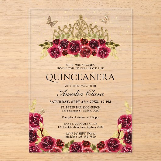 Elegant Glam Rood Bloemen Goud Tiara Quinceanera Acryl Uitnodigingen (Voorkant)