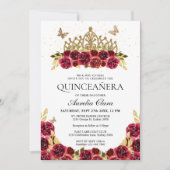 Elegant Glam Rood Bloemen Goud Tiara Quinceanera Kaart (Voorkant)