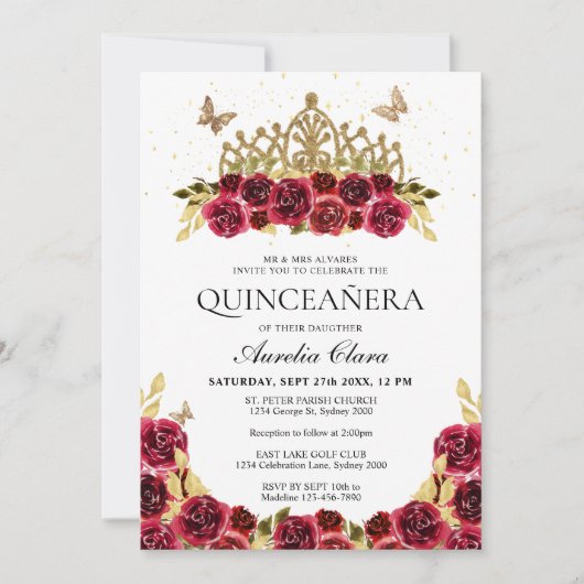 Elegant Glam Rood Bloemen Goud Tiara Quinceanera Kaart (Voorkant)