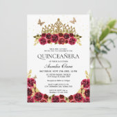 Elegant Glam Rood Bloemen Goud Tiara Quinceanera Kaart (Staand voorkant)