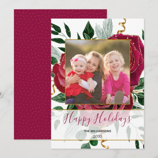 Elegant Glam Rood Roze  Rozen Glitter Foto Feestdagenkaart (Voorkant / Achterkant)