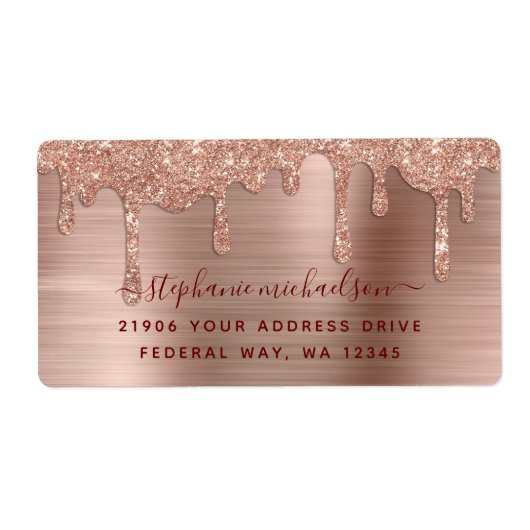 Elegant Glam Roos Gold Glitter Drip Return Address Etiket (Voorkant)