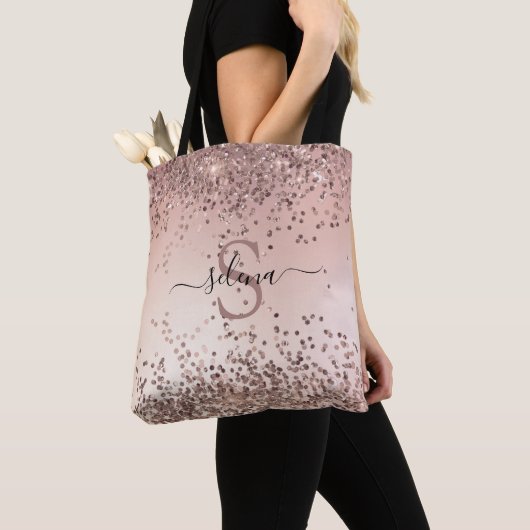 Elegant Glam Roos Gold Glitter Initialen Monogram Tote Bag (Dichtbij)
