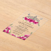 Elegant Glam Roze Bloemen Zilver Tiara Quinceanera Acryl Uitnodigingen (Laagn)