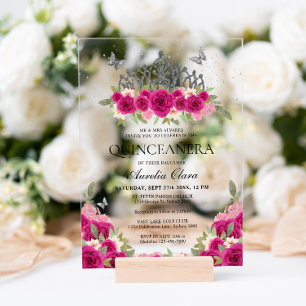 Elegant Glam Roze Bloemen Zilver Tiara Quinceanera Acryl Uitnodigingen