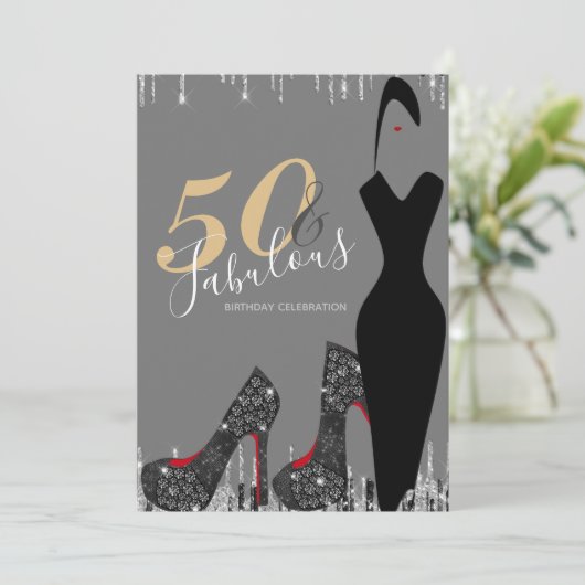 Elegant Glam Silver Gold 50 Fab Birthday Party Kaart (Staand voorkant)