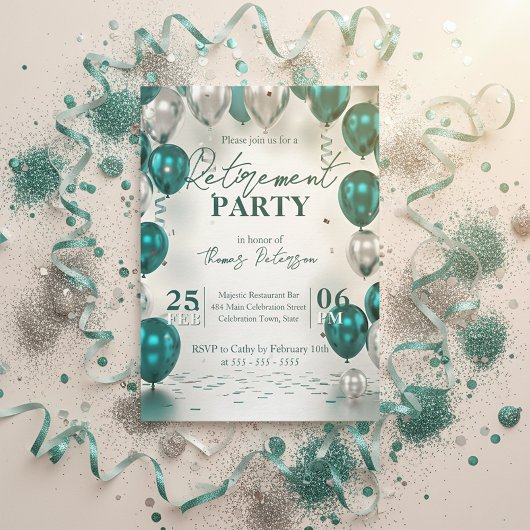 Elegant Glam Teal Silver Balloons Retirement Party Kaart