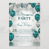 Elegant Glam Teal Silver Balloons Retirement Party Kaart (Voorkant)