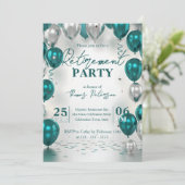 Elegant Glam Teal Silver Balloons Retirement Party Kaart (Staand voorkant)