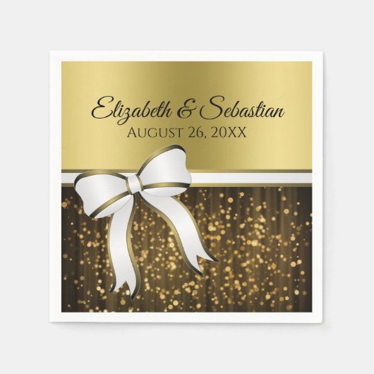 Elegant Glam White Ribbon & Gold Sparkles Weduwen Servet (Voorkant)