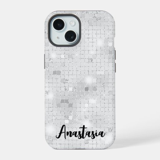 Elegant Glam White Silver Glitz Sparkle iPhone 15 Case (Achterkant)