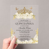 Elegant Glam Wit Bloemengoud Tiara Quinceanera Acryl Uitnodigingen (Insitu (Draagbaar))