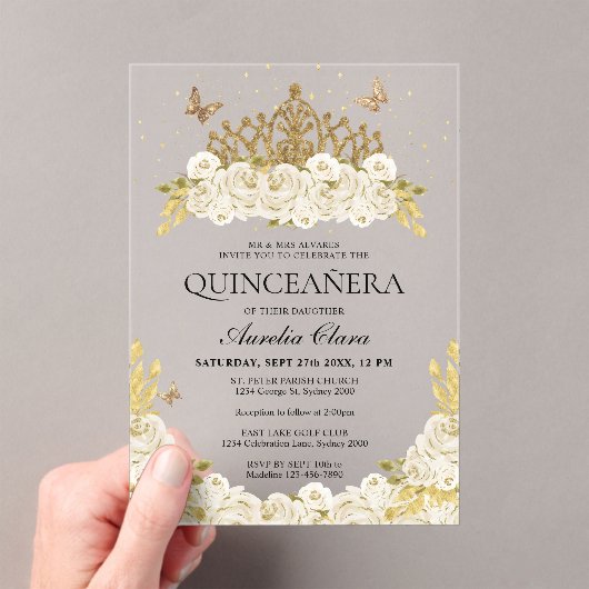 Elegant Glam Wit Bloemengoud Tiara Quinceanera Acryl Uitnodigingen (Insitu (Draagbaar))