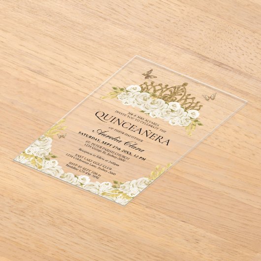 Elegant Glam Wit Bloemengoud Tiara Quinceanera Acryl Uitnodigingen (Laagn)