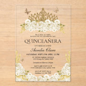 Elegant Glam Wit Bloemengoud Tiara Quinceanera Acryl Uitnodigingen (Voorkant)