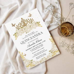 Elegant Glam Wit Bloemengoud Tiara Quinceanera Kaart