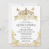 Elegant Glam Wit Bloemengoud Tiara Quinceanera Kaart (Voorkant)